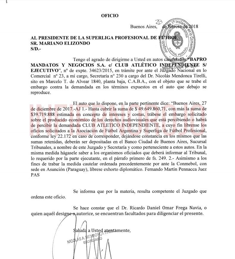 Reclamo del Banco Provincia por la situación con Independiente